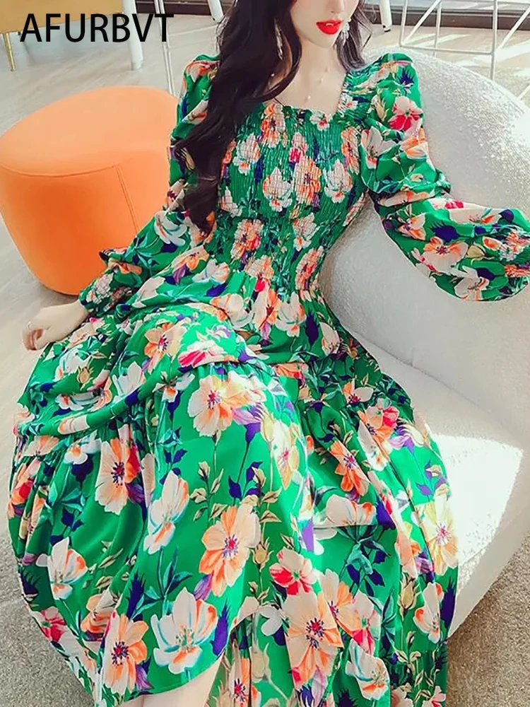 

2022 Summer Fashion Vintage Floral Print Dress Women Casual Long Sleeve A Line Party Vestidos Female O Neck Dress