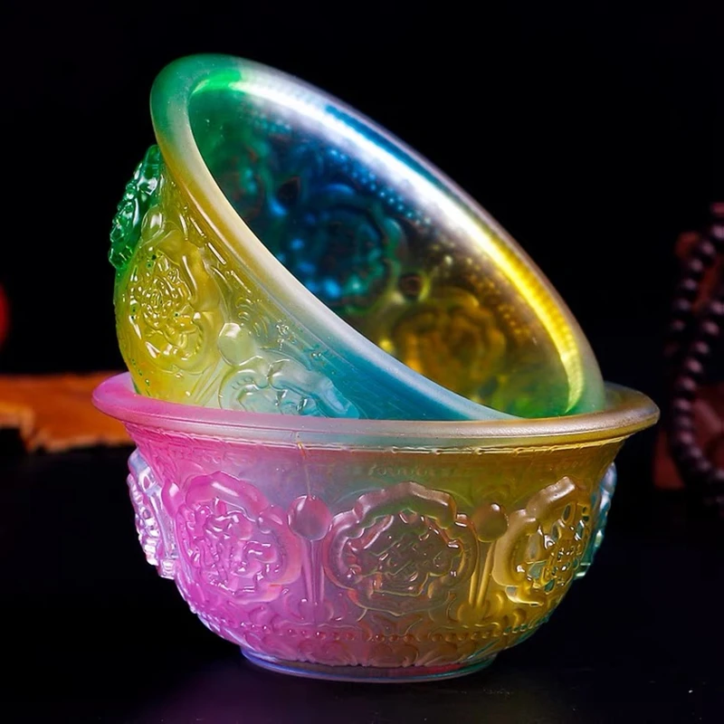 

Engraved Multicolor Glass Buddha Bowl Handicraft Auspicious Holy Water Cup Buddhist Tantric Altars Indoor Desktop Decorative