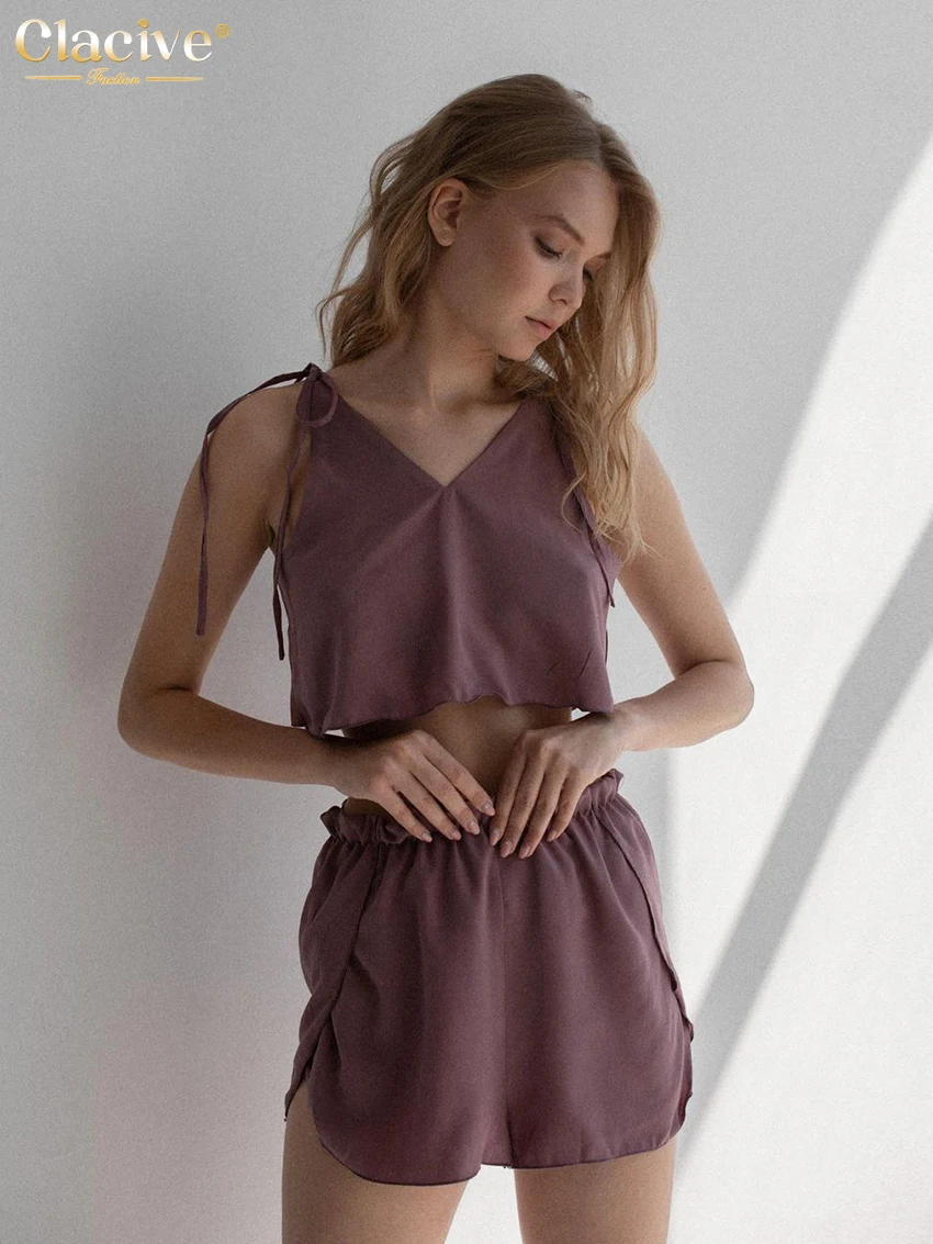 

Clacive Casual Home Women'S Clothing Summer 2022 Elegant Crop Top Two Piece Set Female Sleepwear Purple High Waist Shorts Set