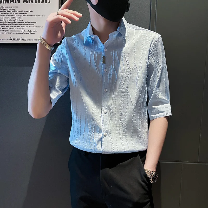 

Spring Casual Shirt Men Half Sleeve Slim Fit Business Formal Dress Shirts Social Party Nightclub Stripe Tuxedo Clothing 3XL
