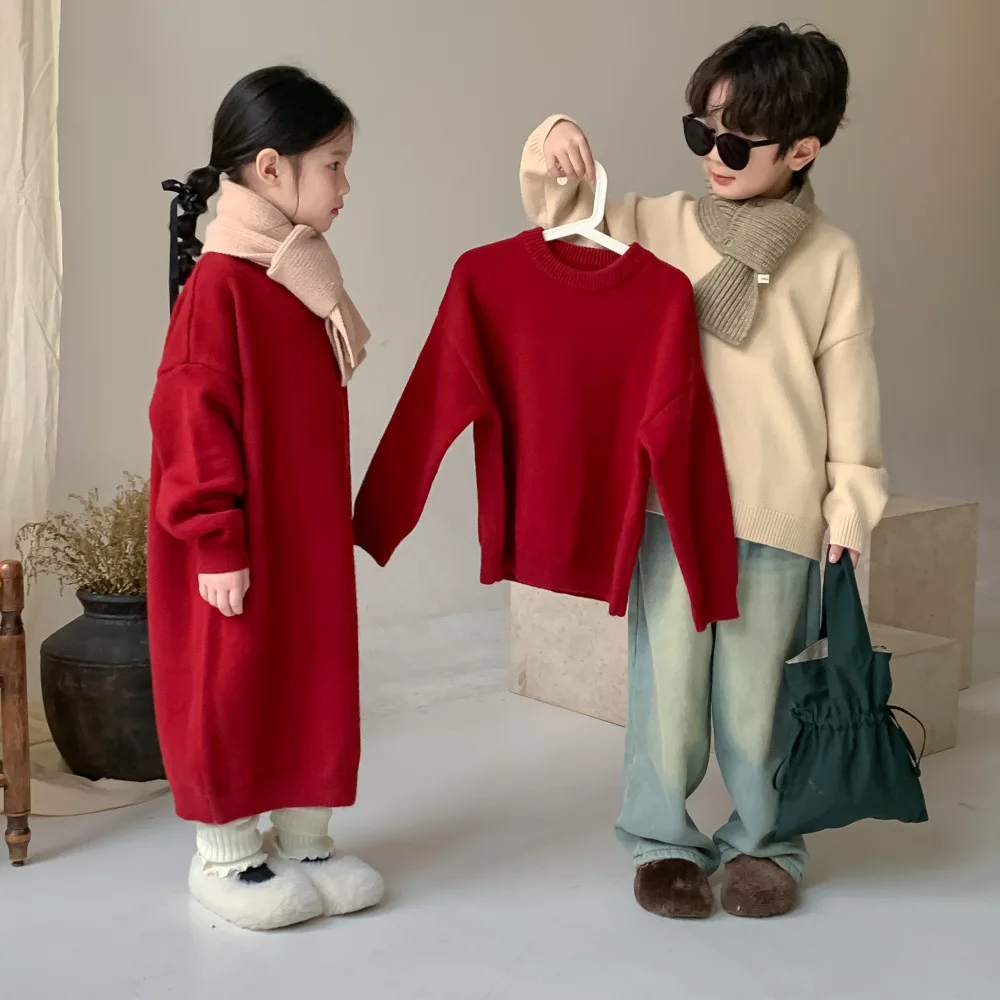 

2023 Корейский зимний детский Блестящий свитер, утепленные флисовые пуловеры для мальчиков, повседневный длинный свитер с длинными рукавами для маленьких девочек