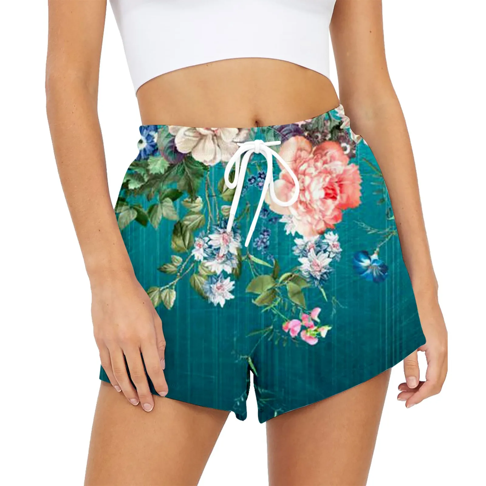 

Женские шорты для отпуска, пляжные брюки с цветочным принтом и кулиской, женская одежда 2023, женские шорты