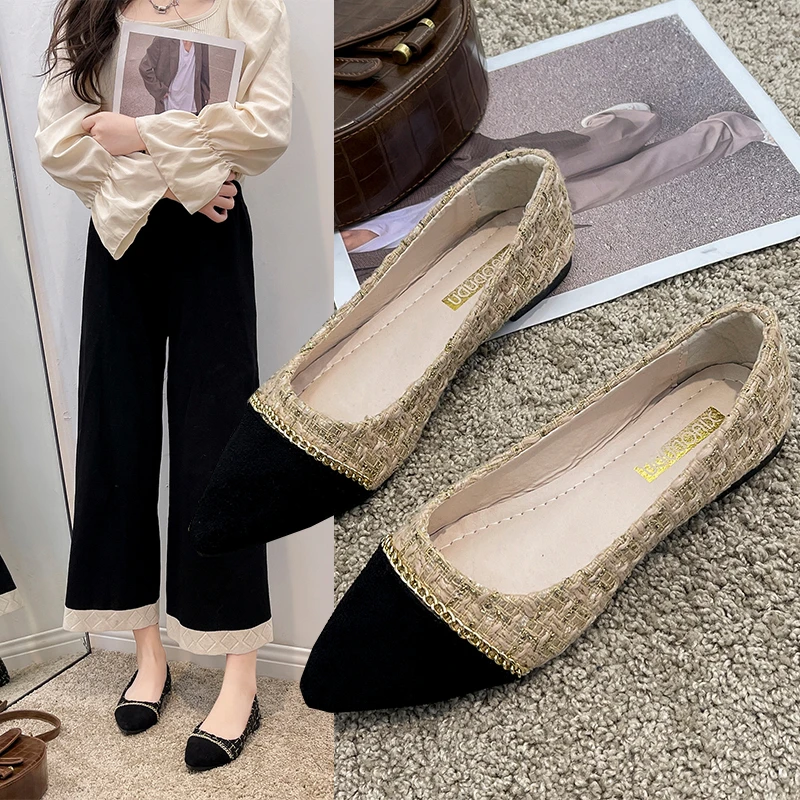 

Women's Flat Shoes Linen Cloth Pointed Toe Lazy Ballet Flats Ladies Commute to Work Black Shoes