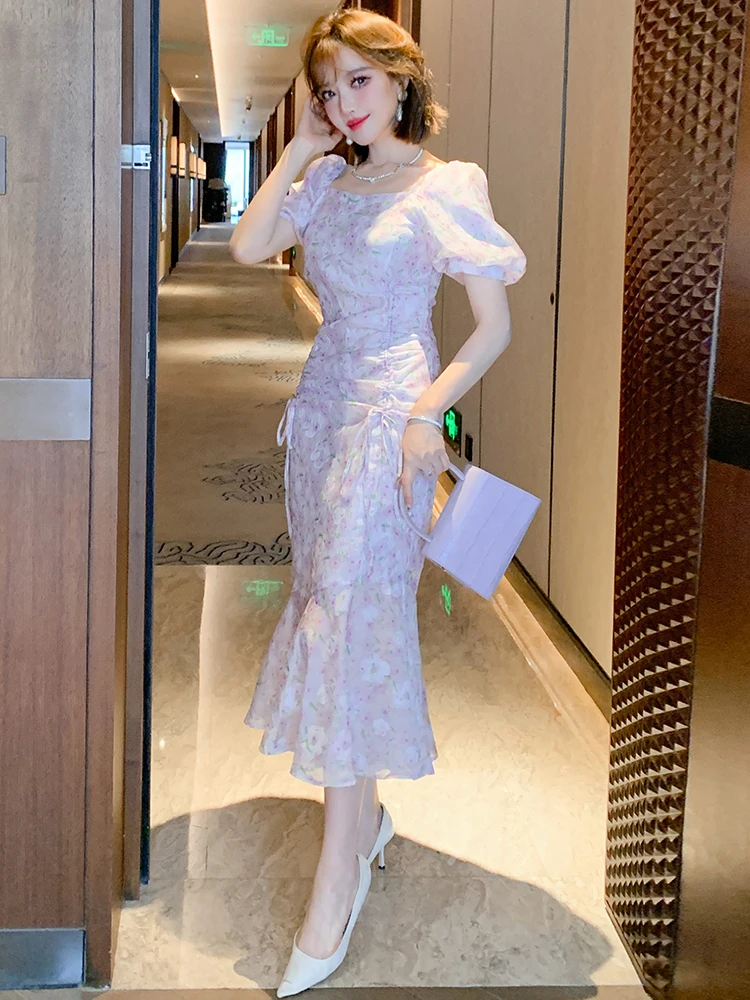 Миуко Бог! Свободное платье с нежным принтом и завязками на талии рыбий хвост [на