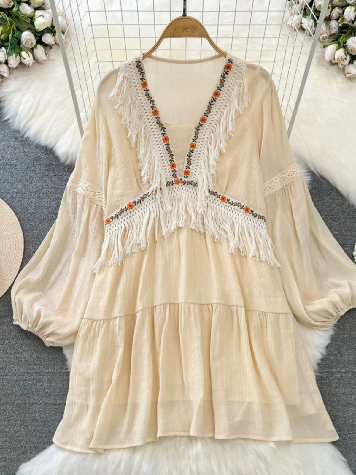 Платье с бахромой в стиле пэчворк для отпуска милое свободное платье-трапеция