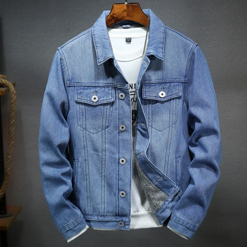 

Casual Men's Denim Jacket Fleece Thickening Warm Fashion Blue Motorcycle Jean Coat Outdoor Male Clothing Outerwear