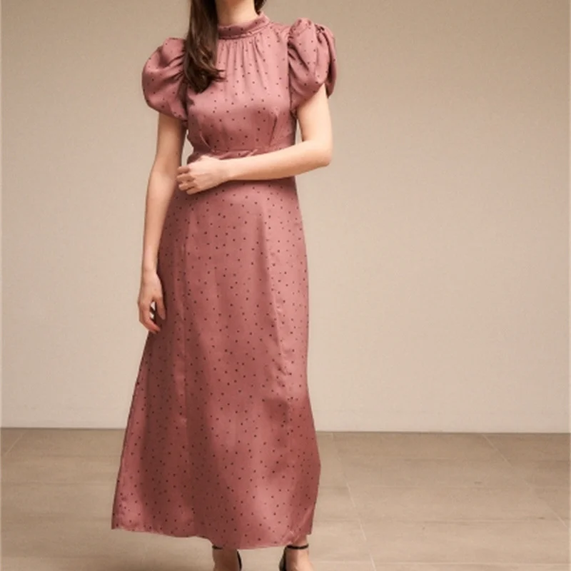 

Женское платье в горошек CINESSD, Осеннее приталенное платье в японском стиле с полувысоким воротником, рукавами-фонариками и открытой спиной, ...