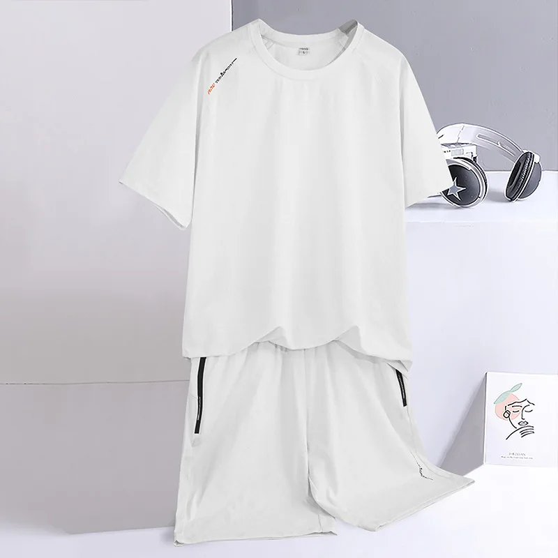 2023 Summer New Men's Short-Sleeved Suit Ice Silk Short Sleeve T-shirt Men's Shorts Casual Quick Drying Clothes Two-Piece Suit