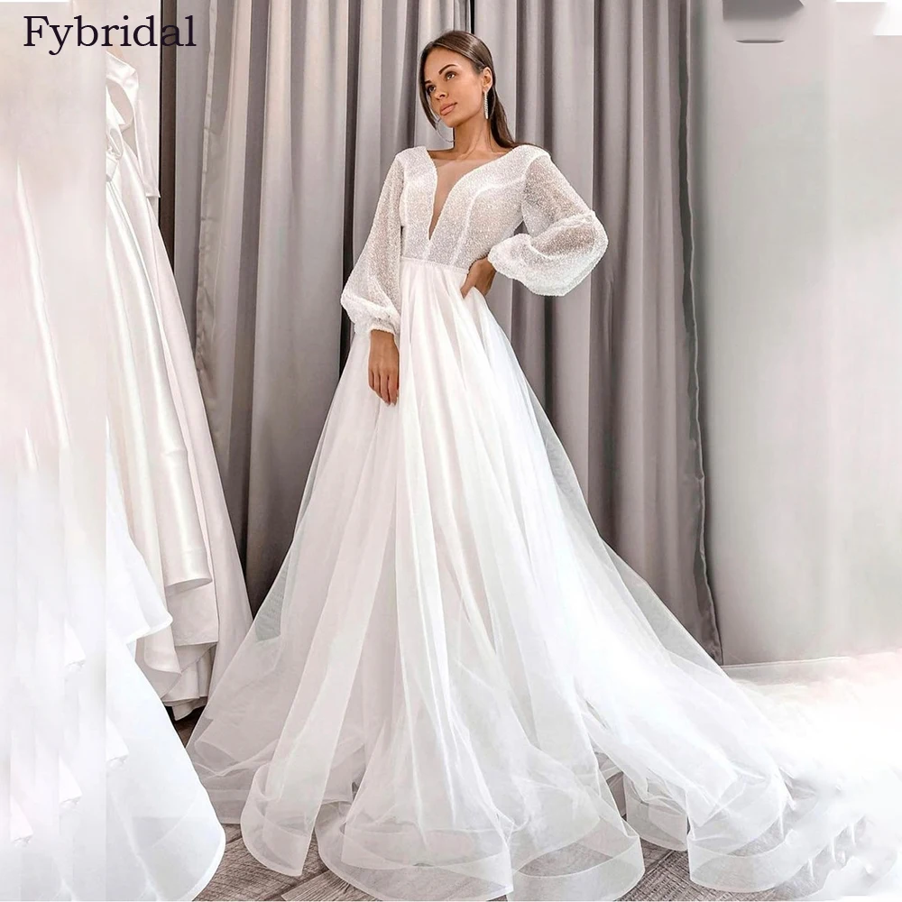 

Modern Wedding Dress Illusion Deep V Neck Sequined Long Puff Sleeve A Line Organza Bridal Gown Robe De Mariee Vestidos De Novia