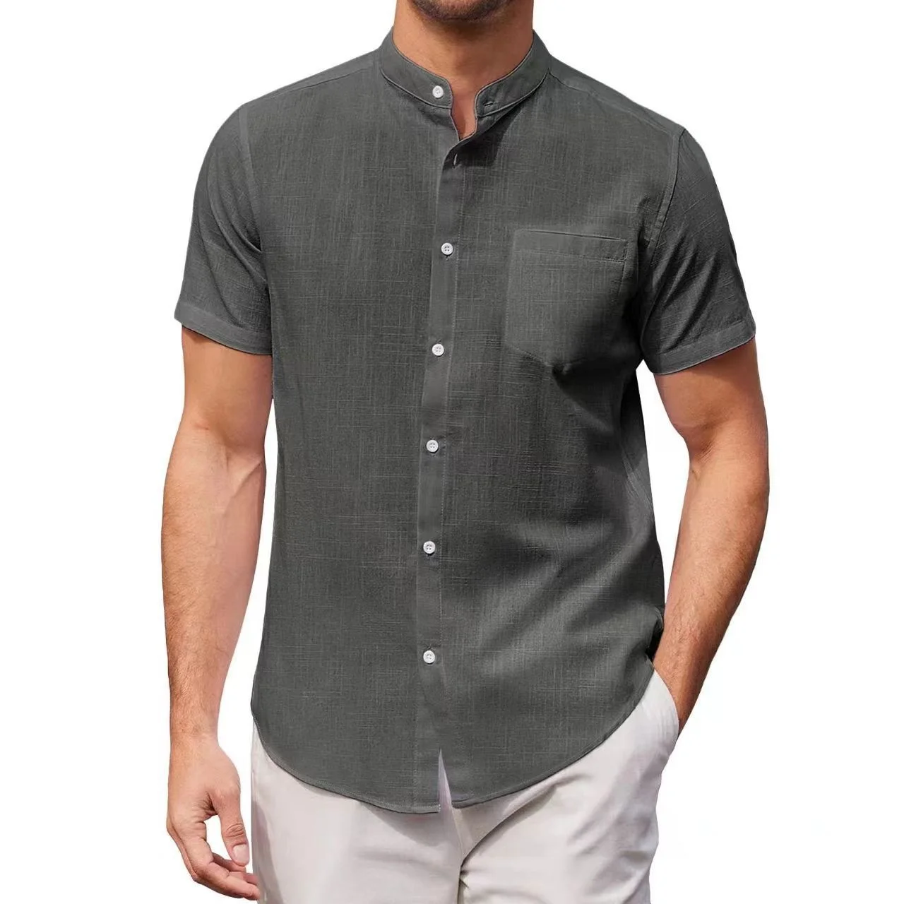 

2023 Men's Short Sleeve Cotton Linen Shirt Standing Neck Slim Fit Shirt Mens Summer Breathable Solid Casual Shirt