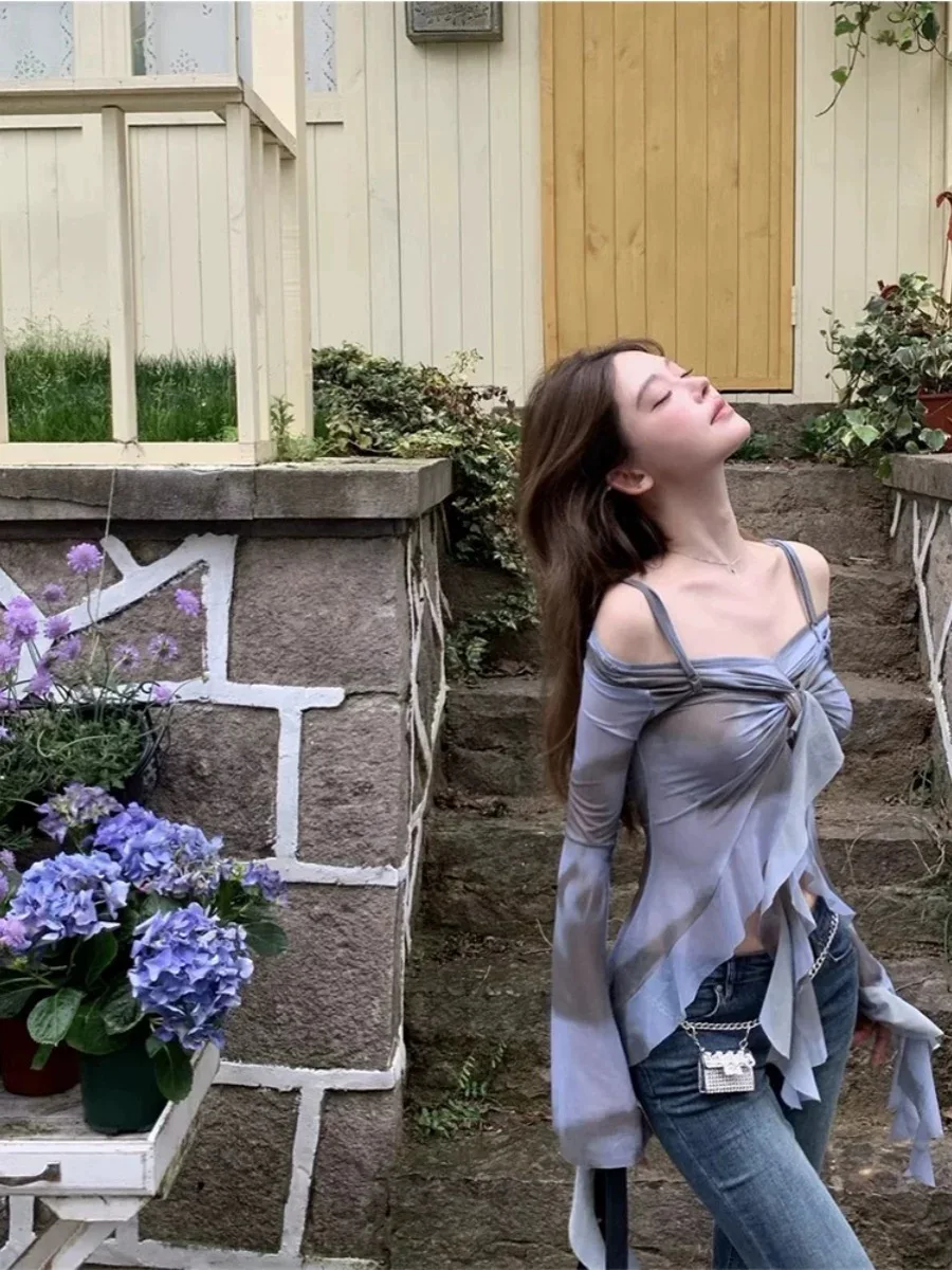 Y2K Ins Chic Tie Dye Женские топы Осенняя лента Sexi Уличная одежда Блузка с запахом Рубашки