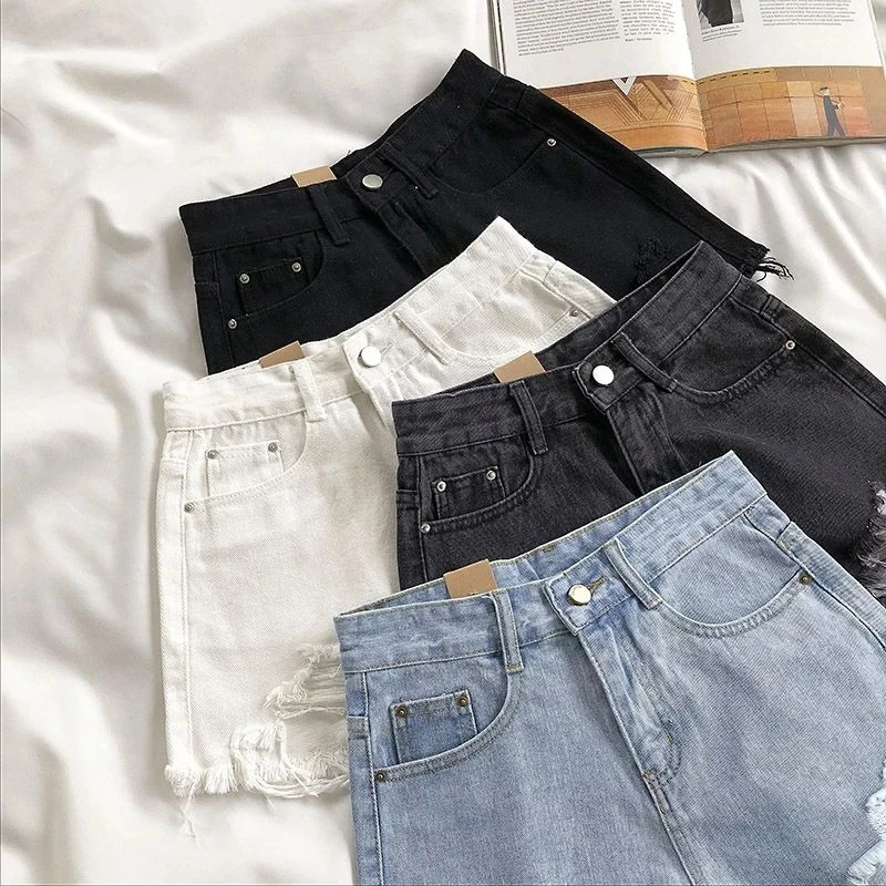 Casual High Waist Denim Shorts Women Summer Plus Size Pocket Tassel Hole Ripped jeans Short Female Femme Short Pants Women