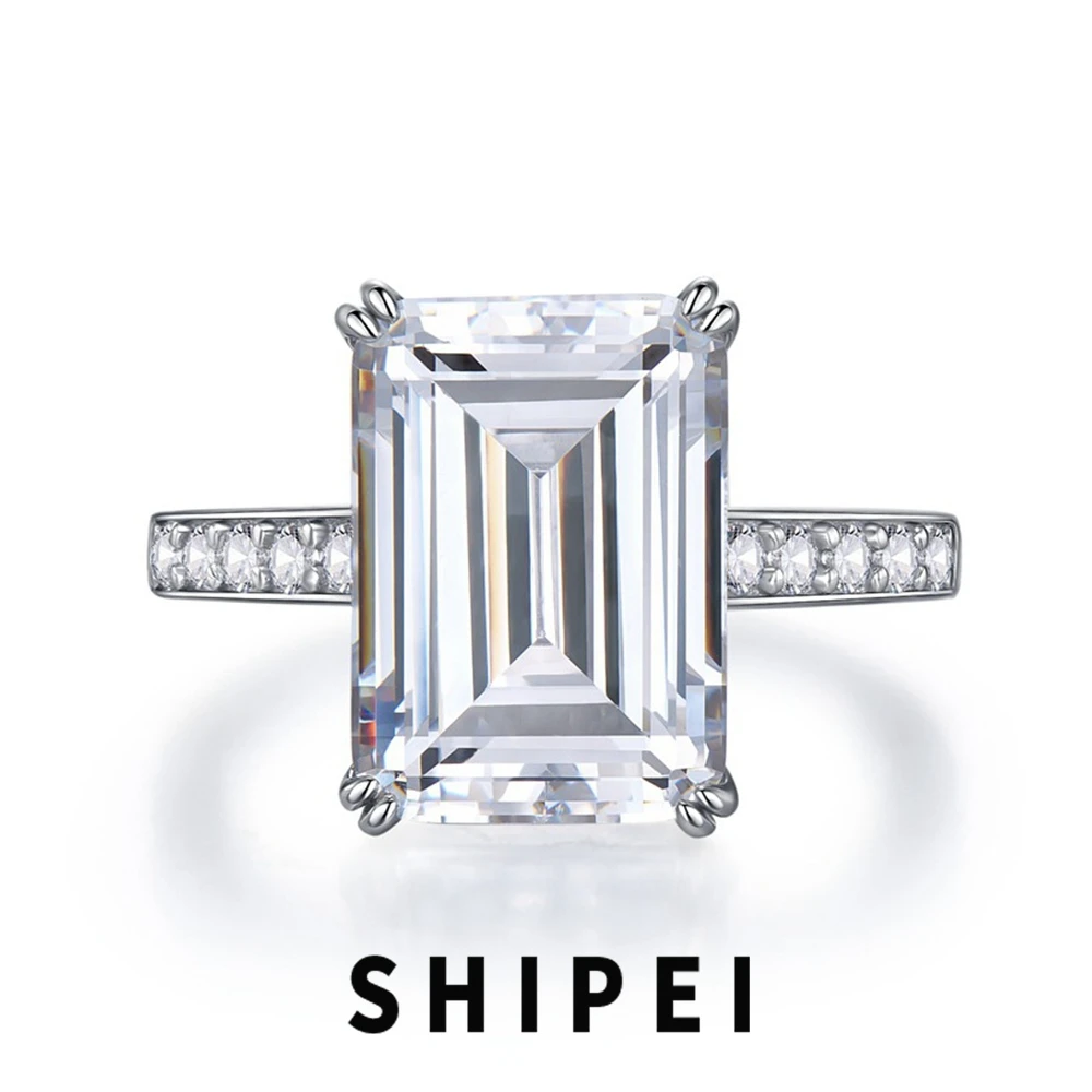 

Shipei 100% 925 Sterling Silver Emerald Cut 10*14 MM High Carbon Diamond Fine Jewelry 18K Gold Plated Engagement Ring For Women