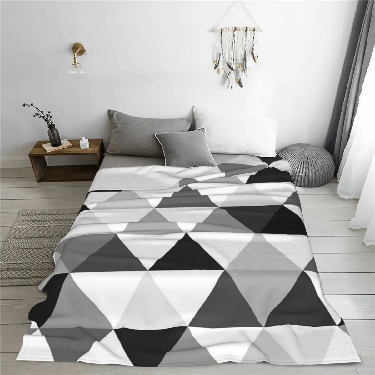 Черное серое и белое одеяло с треугольниками мягкое теплое Фланелевое покрывало