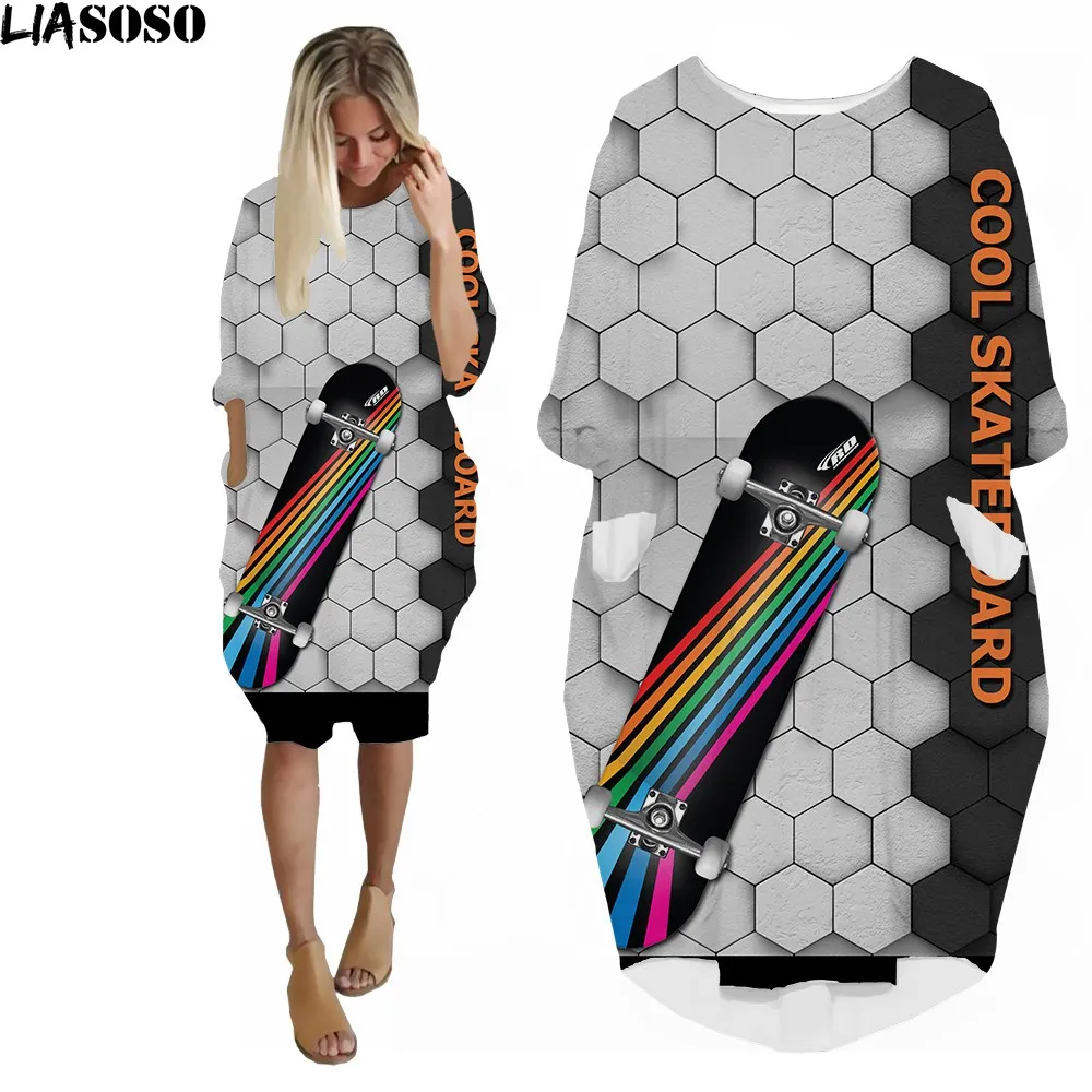 

LIASOSO Skateboard Woman Pocket Skirt Homme 3D Print Anime Harajuku Fashion Dress Summer Streetwear Dress for Men Woman O-neck