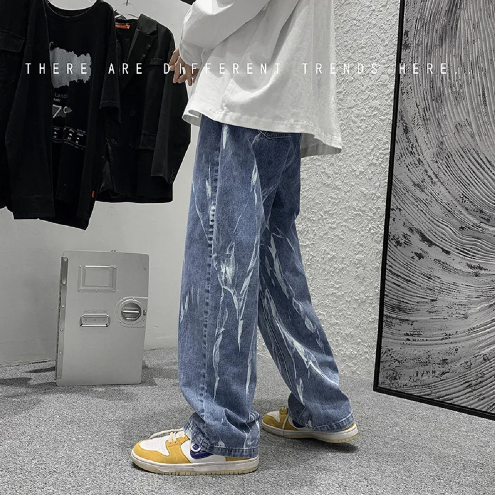 ICCLEK Retro Washed Jeans Autumn Men's Jeans Fashion Wide-leg Pants Loose Straight-leg Pants Patchwork Jeans