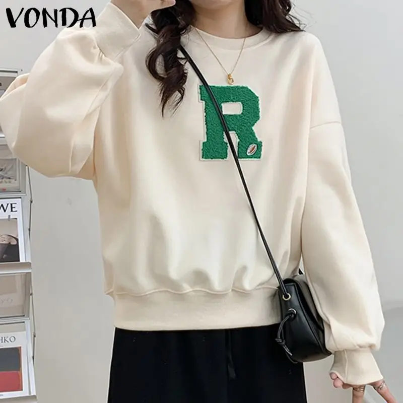 Elegant Solid Color Hoodies Jumpers Sweatshirts VONDA Women Long Sleeve Blouse Autumn Spring O Neck Casual Loose Blouse Femme