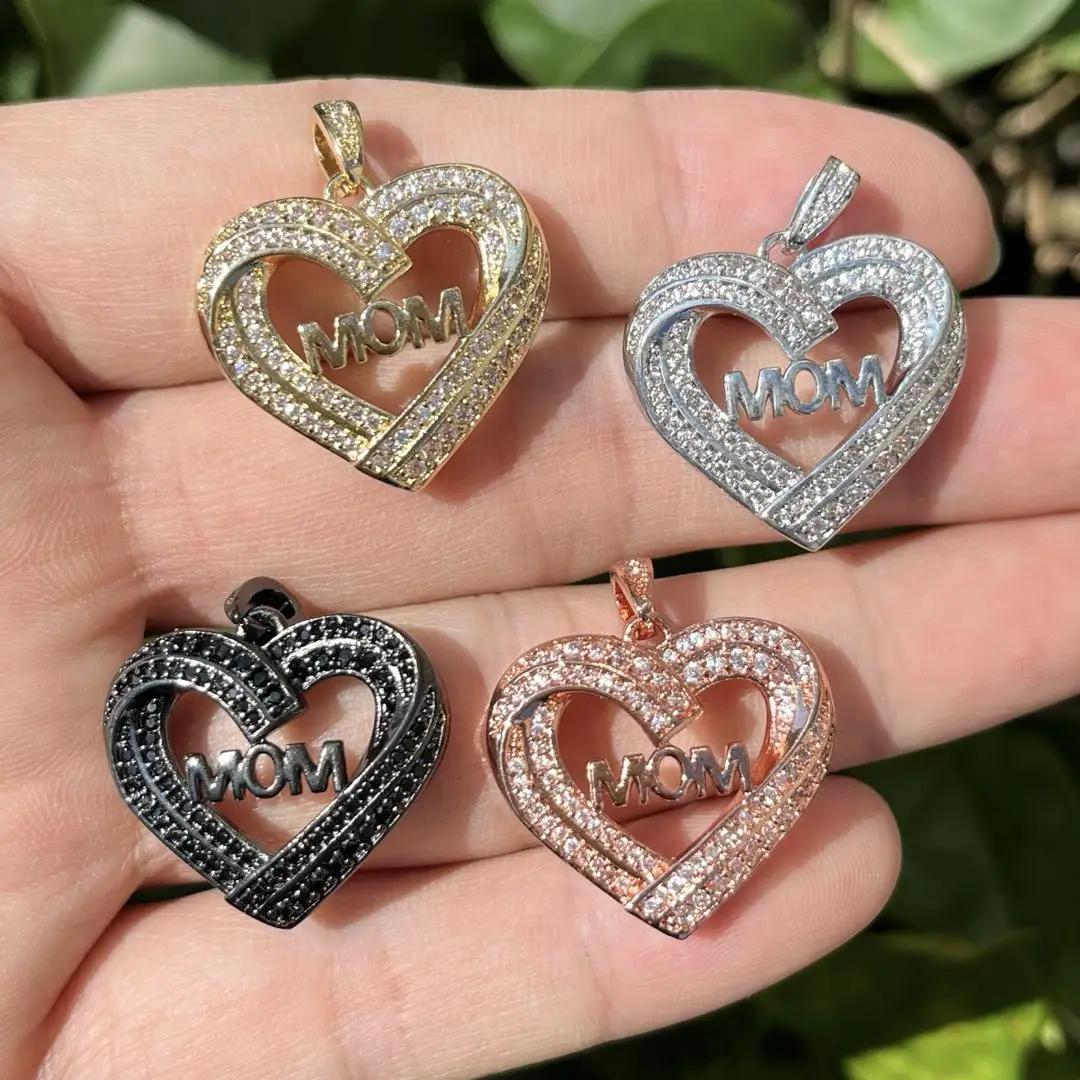 

5pcs Cubic Zirconia Pave Heart Mom Charm Mothers' Day Pendant For Jewelry Making Bracelet Necklace Accessories