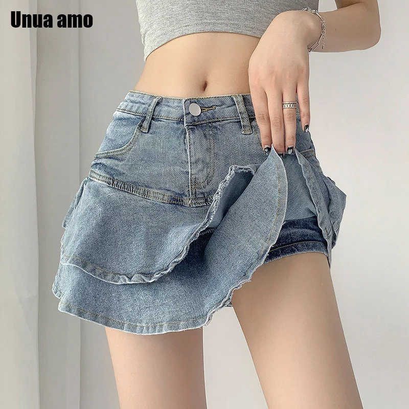 

Женская джинсовая юбка с оборками, юбка с завышенной талией и шортами, летняя винтажная Повседневная бальная юбка А-силуэта, короткая юбка женская, Y2K