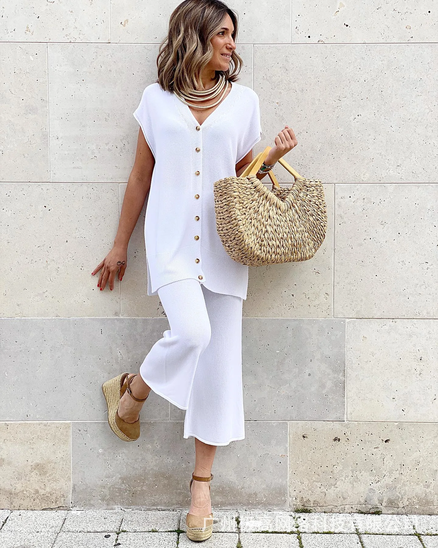 

Women 2pcs Clothes Suit Knitwear Batwing Sleeve Button Front Knitted Top & Pants Set Solid Color Loose Pants
