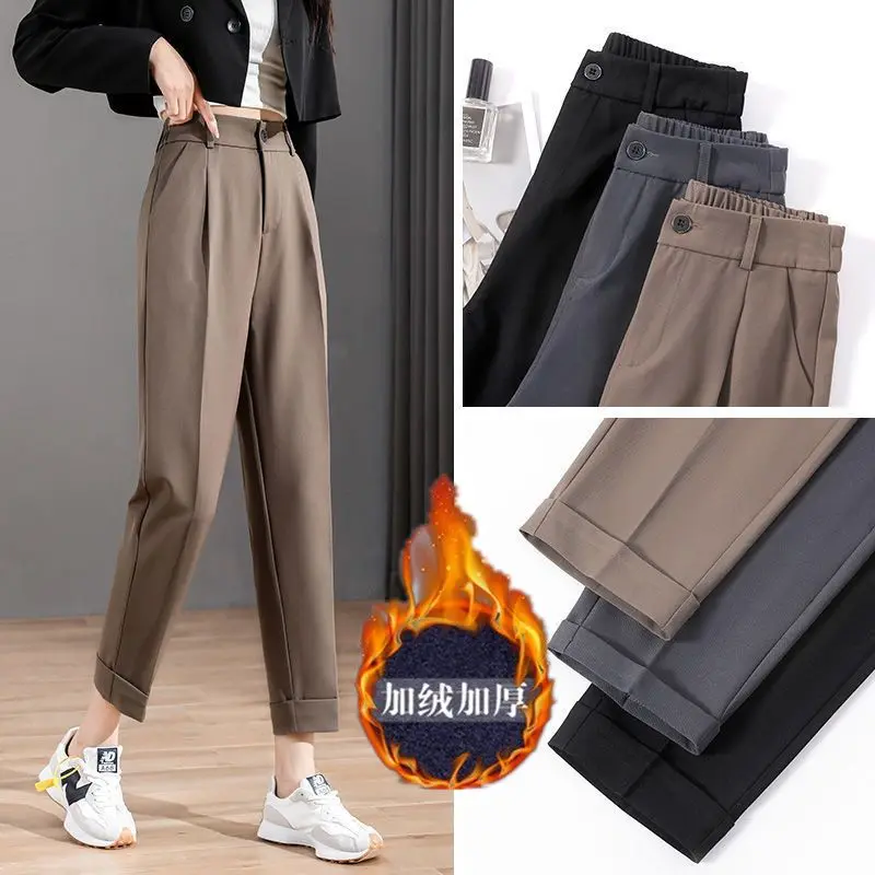 

Зимние теплые Повседневные Плюшевые плотные свободные прямые брюки, повседневные брюки, брюки с высокой талией, свободные прямые брюки для ...