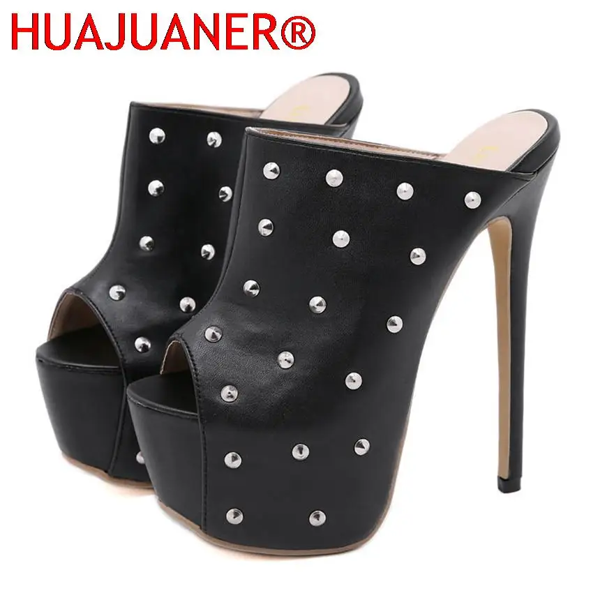 

Women High Platform Slippers Pumps 2022 Super High Heels 16cm Ladies Retro Rivets Shoes Peep Toe Soft Leather Party Sandal Black