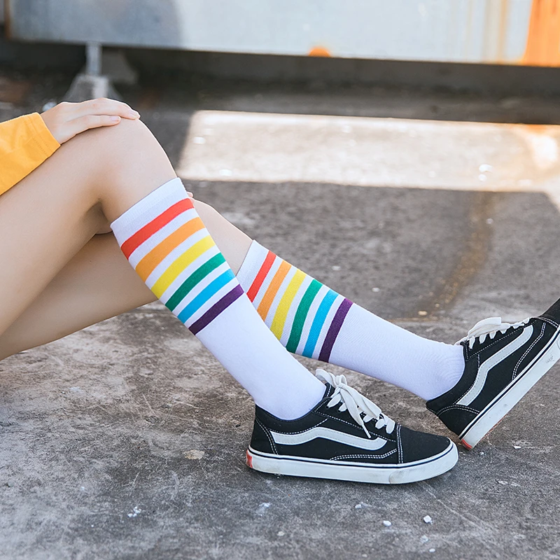 

Knee Socks Japanese Student Stockings Cotton Calf Socks European and American Women's Sock Knitted Rainbow Medium and High Socks