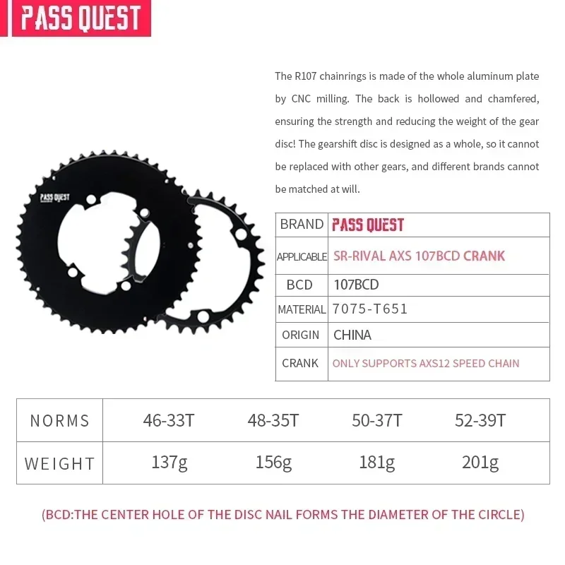 PASS QUEST 107BCD DOUBLE Chainring MTB Road Bike 46-33T 48-35T 50-37T 52-39T 2X Chainwheel for Sram Rival AXS 12S