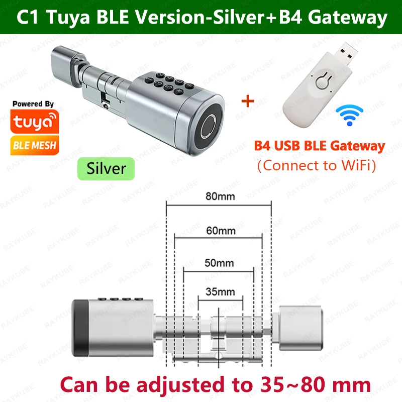 

RAYKUBE C1 Tuya BLE TT Lock Умный дверной замок с двусторонней регулировкой длины цилиндра Отпечаток пальца Пароль Приложение Ключ IC-карта Разблокировка