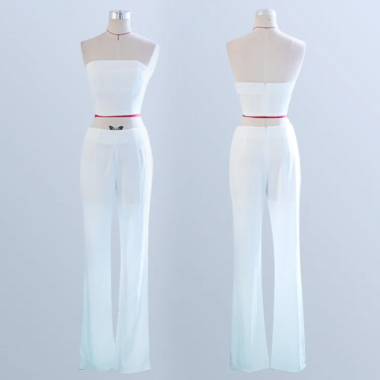 

Fashion 2pcs Pants Sets Women Vest Tank Crop Tops And Wide Leg Pants Suits White Outfit Outerwear