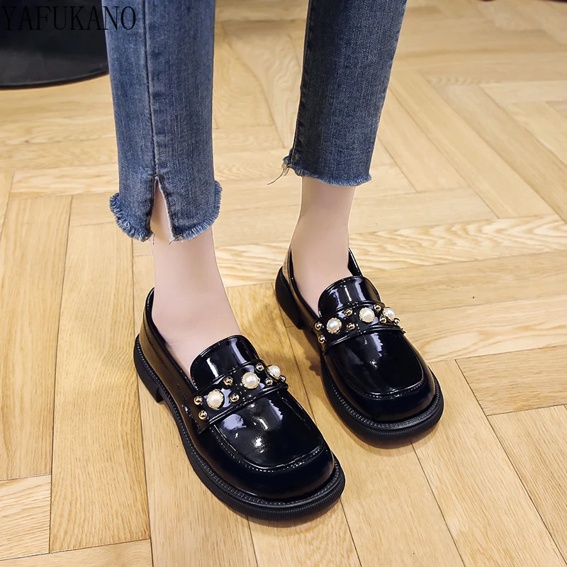 

New Women Shoes Loafers College Style Leather Platform Shoes Woman Casual Pearl Buckle Ladies Fashion All-match Mary Jane Shoes