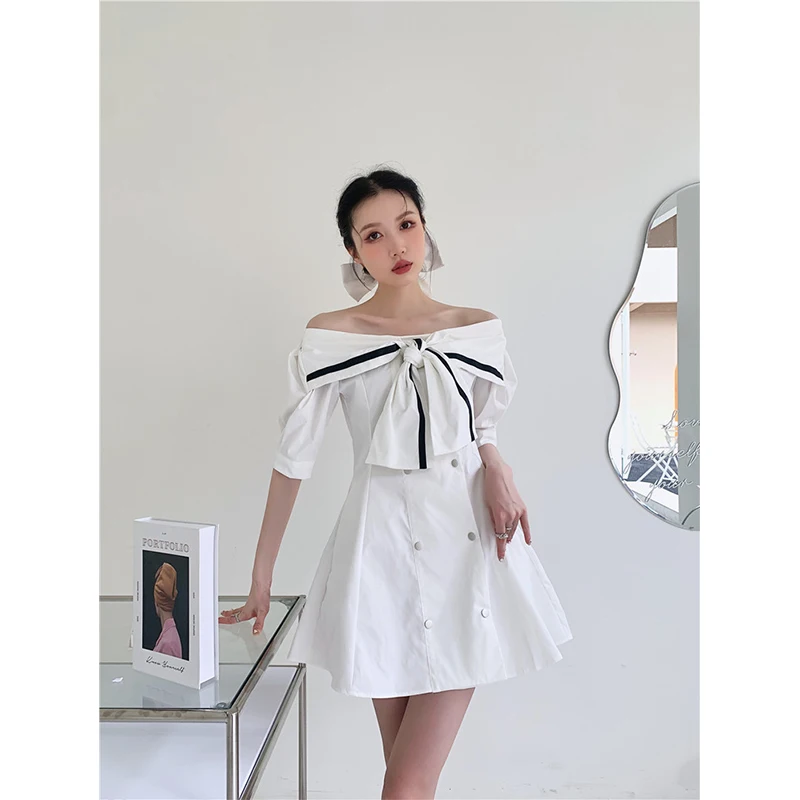 

Women French White Dress Bow One Word Shoulder Puff Short Sleeve Casual Fashion High Waist Baggy Short Skirt Ladies Summer