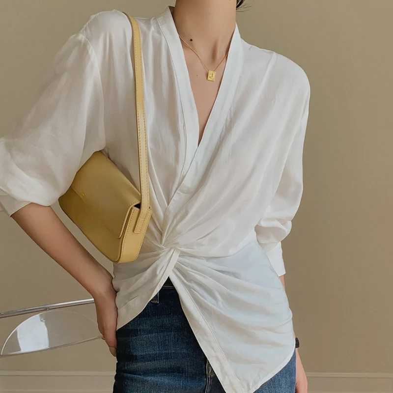 

Chic Design Waist White Shirt Women Autumn Spring Long Sleeve V-neck Blouse Female Fashion Top for Women Blusas Elegant 27849
