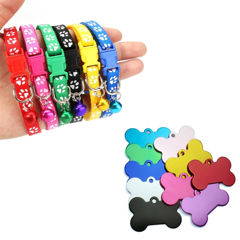 

12PCS Dog Collars Nylon With Bell 6 Colors & 100Pcs Personalized Bone Dog Id Tags Customized Cat Puppy Name