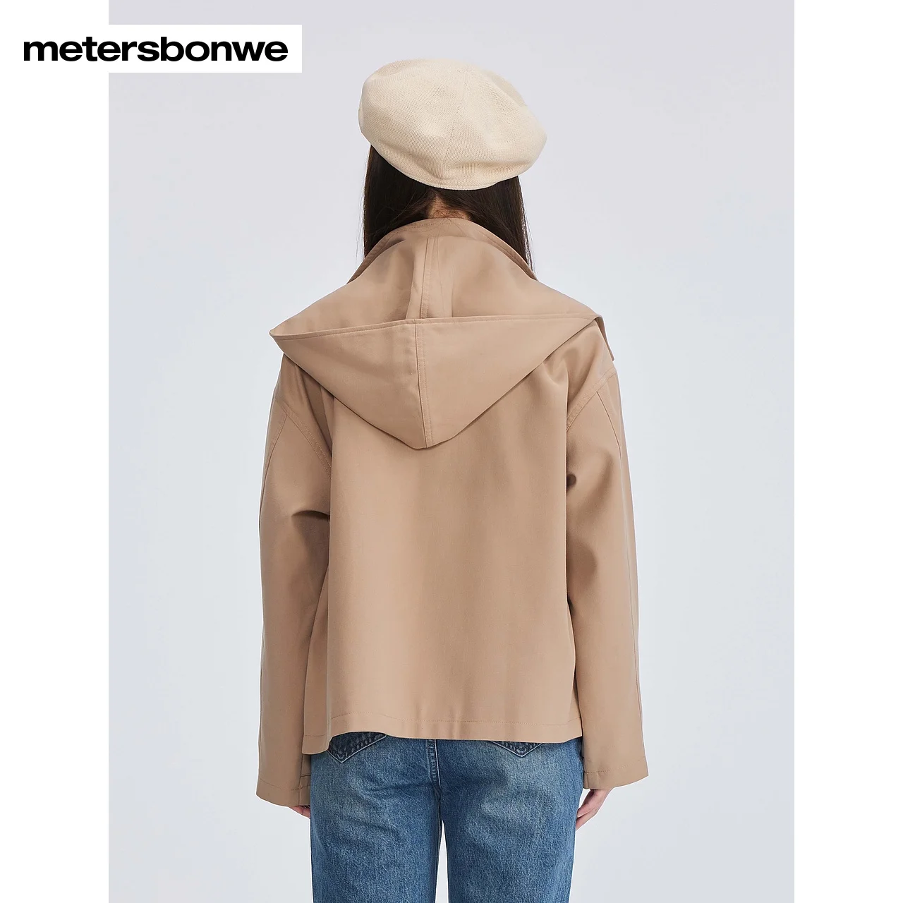 Metersbonwe-Женская короткая свободная базовая ветровка со съемным капюшоном