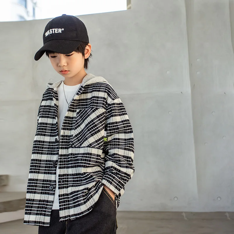 

Boys Jacket Coat Spring 2023 Long Sleeve Striped Hooded Outerwear for Kids Green Casual Fashion Teeange School Children Clothes