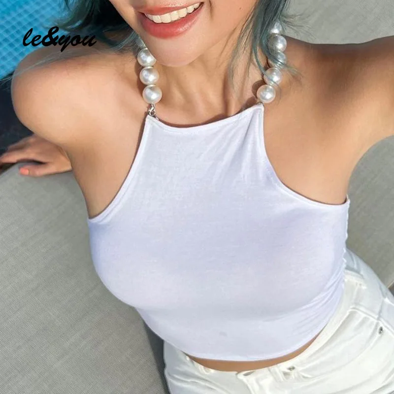 

Sexy Backless Hang The Neck Beading Short Y2k Crop Top Summer2022 Clothes for Women White Sleeveless Tube Top Navel-exposed Vest