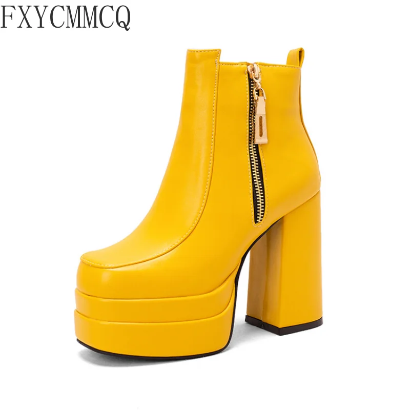 FXYCMMCQ 2022 Autumn and Winter Trendy Square Toe High-heeled Short Boots Temperament All-match Women's Boots 33-66