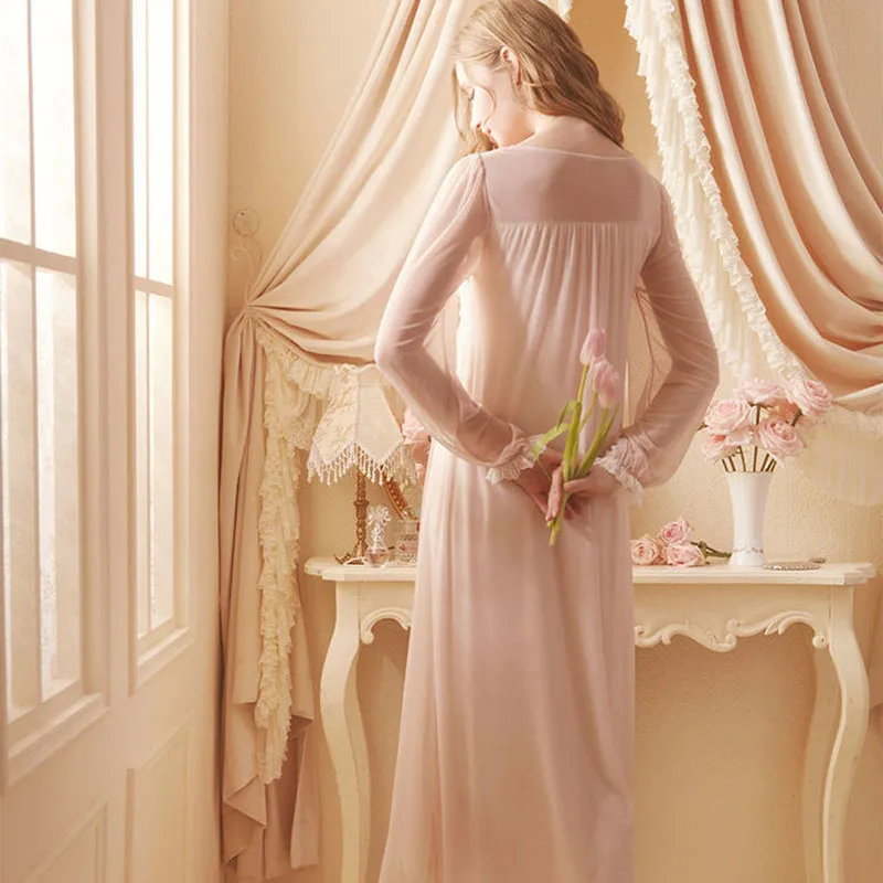 Spring Women's Sleepwear Princess Thin Crepe Long Sleeves Lace Pajamas Sleepshirts Palace Style Vintage Lady Nightgown Nightie