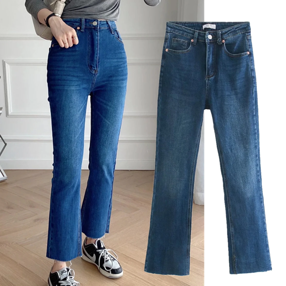 

Elmsk Fashion Skinny Jeans Dark Blue Flare Denim Pants England Style High Street Washed Casual Ankle Jeans Women