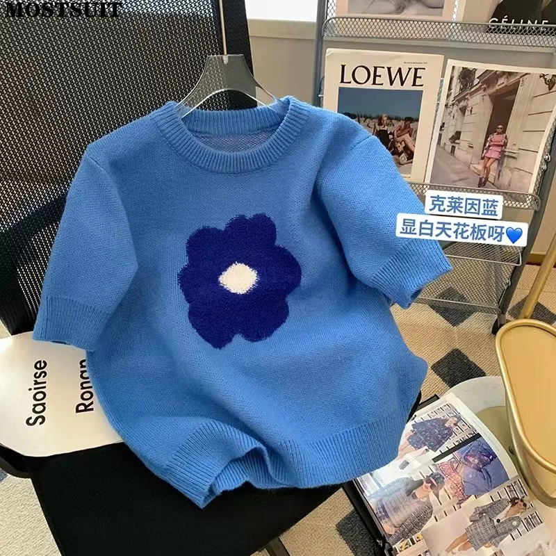 

Blue Floral Jacquard Sweater Tops Women 2023 Summer Short Sleeve O-neck Pullover Jumpers Vintage Elegant Fashion Chic Knitwear