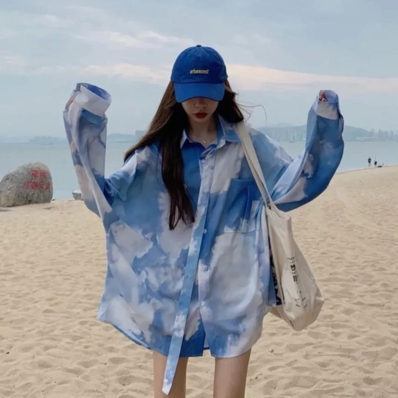 Женские летние рубашки с принтом облаков тонкие Топы длинным рукавом женская