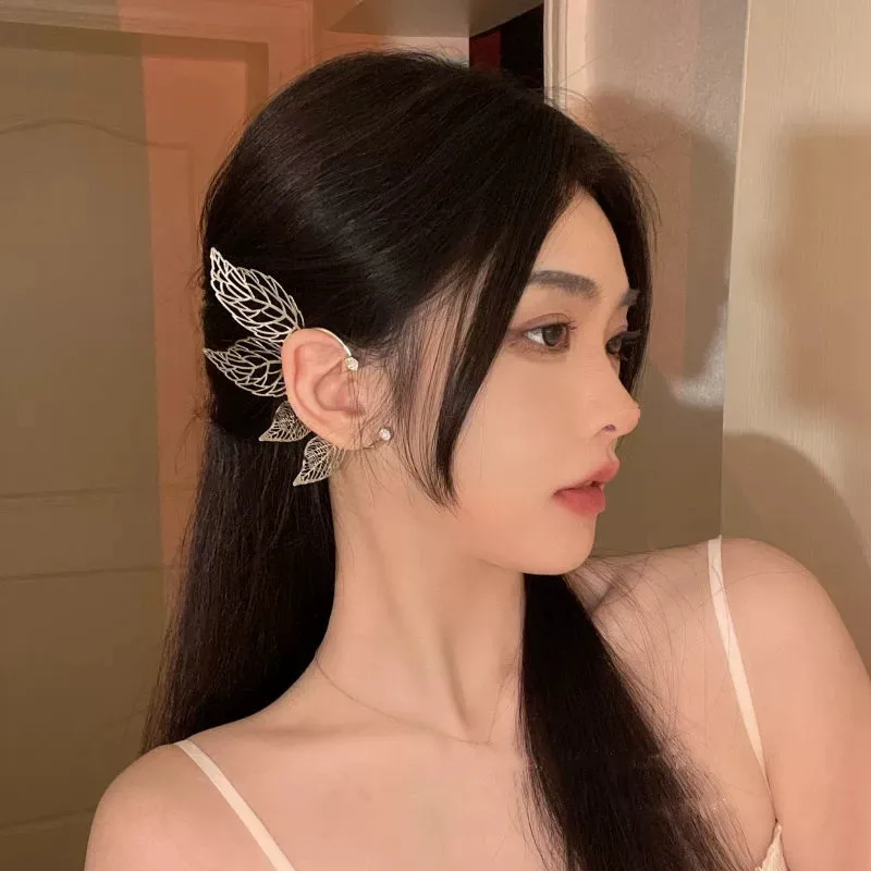 

New Hollow Leaf Ear Hanging Female Korean Fairy Elf Earrings Women Retro No Pierced Ears Wing Ear Bone Clip Cuffs Sexy Jewelry