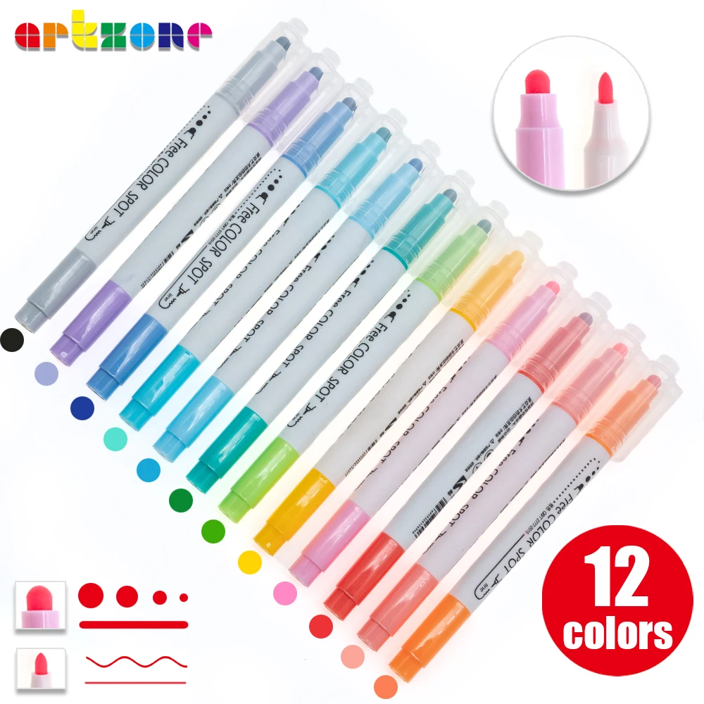 

12 colors Creative Highlighter Pen Novelty Colored Dot Painting Color Art Markers Dual-Tip Hand Account Pens