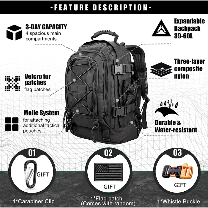 Extra Large 60L Tactical Backpack for Men Women Outdoor Water Resistant Hiking Backpacks Travel Backpack Laptop Backpacks 2