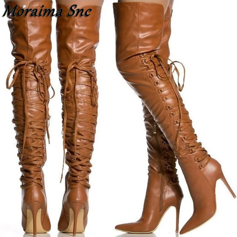 Long Women Boots Brown Lace Up Side Zipper Thin High Heel Brown Boots Pointy Toe Over The Knee Shoes For Women Zapatos Mujer