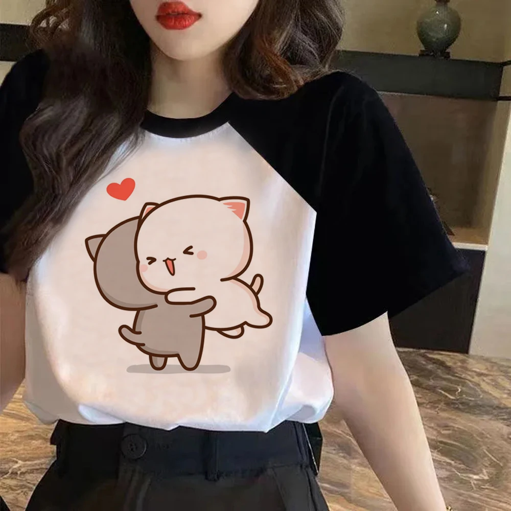 Фото Kawaii персик и Гома мочи кот любовь печать футболка Женщины Y2k одежда мультфильм смешная футболка Harajuku аниме унисекс футболка женская №1