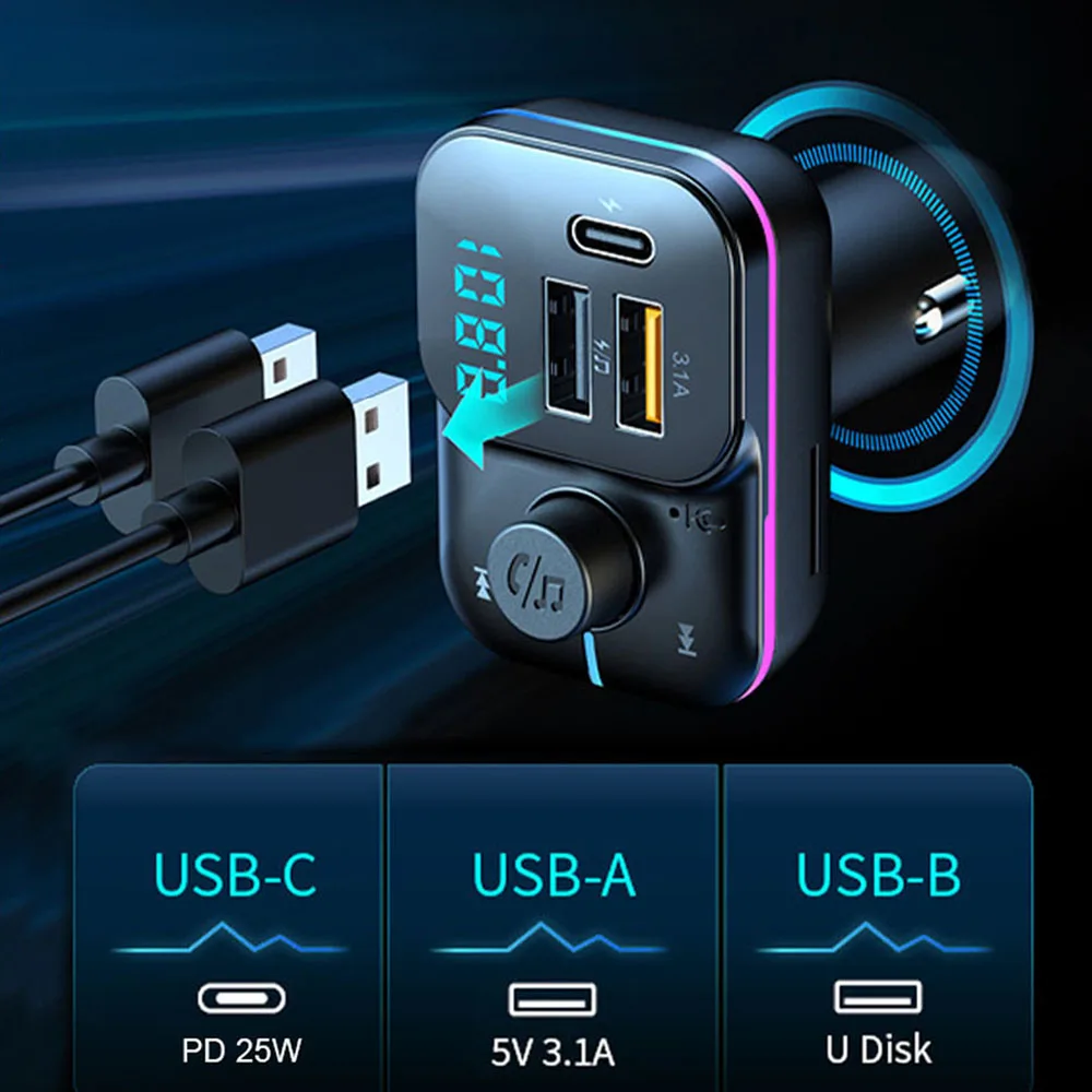 Автомобильное зарядное устройство PD 25 Вт FM-трансмиттер с двойным USB Bluetooth-адаптер