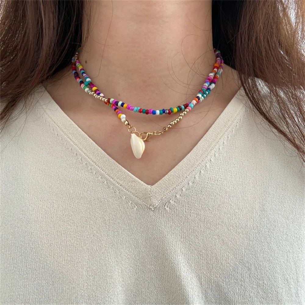 

Bohemian Style Colorful Bead Choker Necklace For Women Shell Pendant Double Layer Clavicle Chain Beach Boho Jewelry
