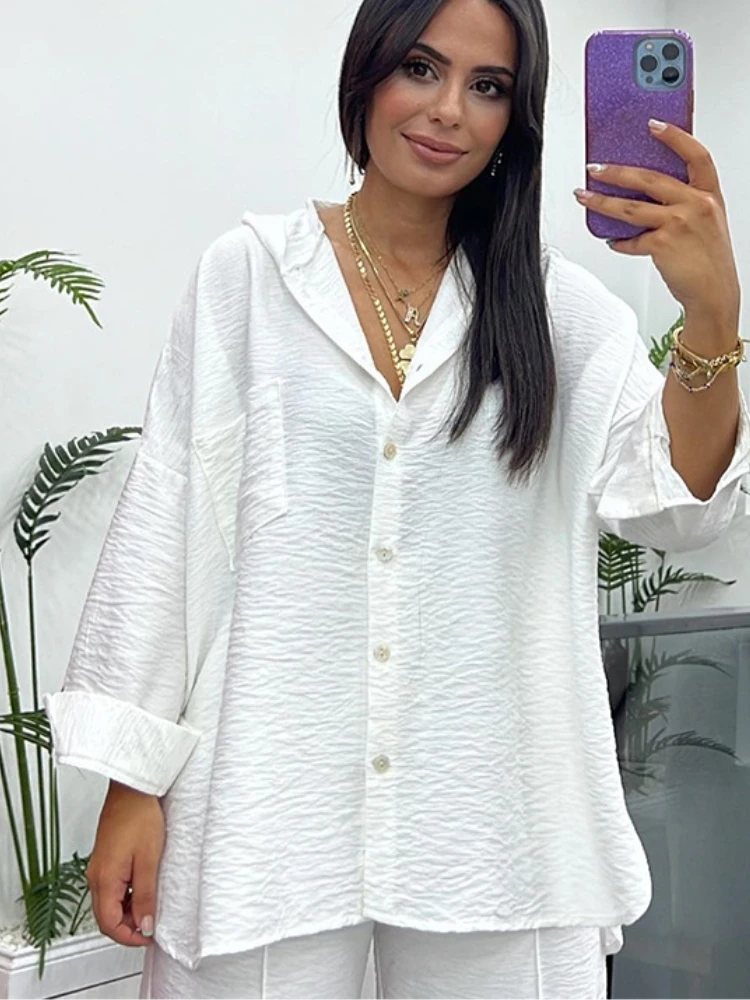 Осенняя новинка свободная рубашка с капюшоном и длинными рукавами укороченные